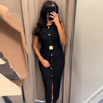 Elegant Black Button-Up Midi Dress – Summer 2025