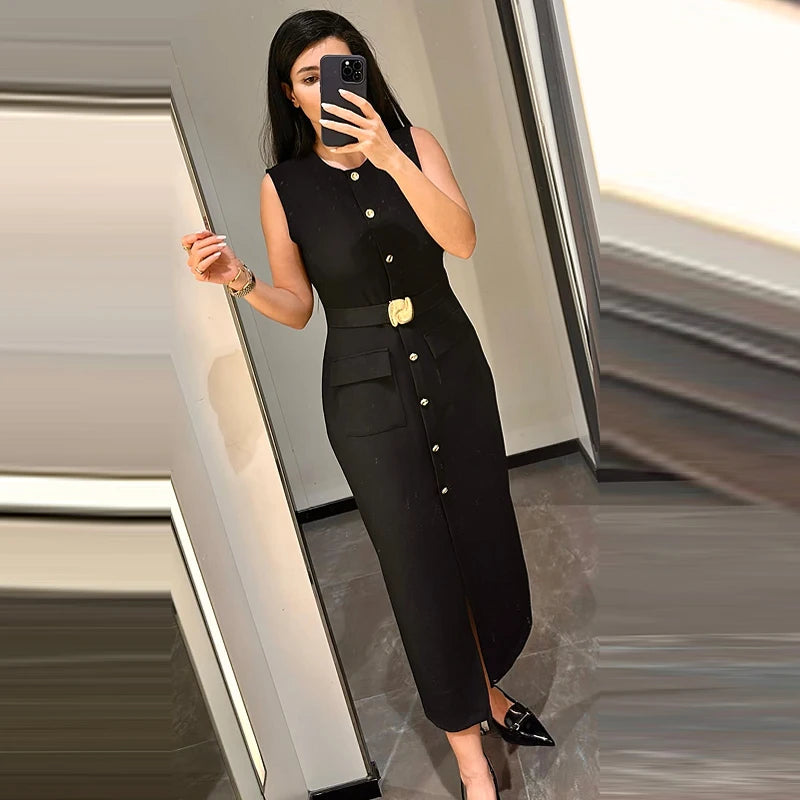 Elegant Black Button-Up Midi Dress – Summer 2025