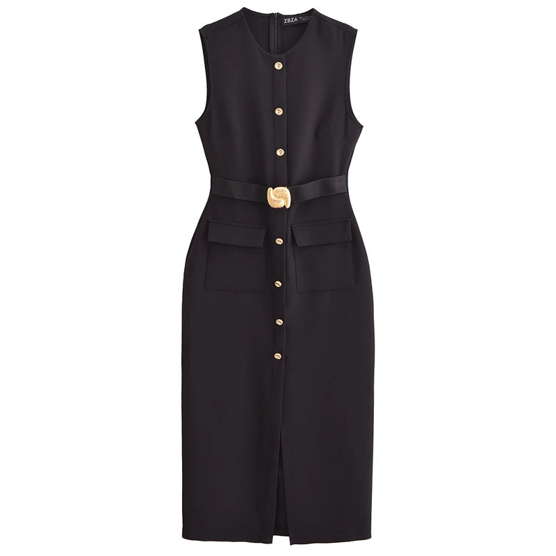 Elegant Black Button-Up Midi Dress – Summer 2025