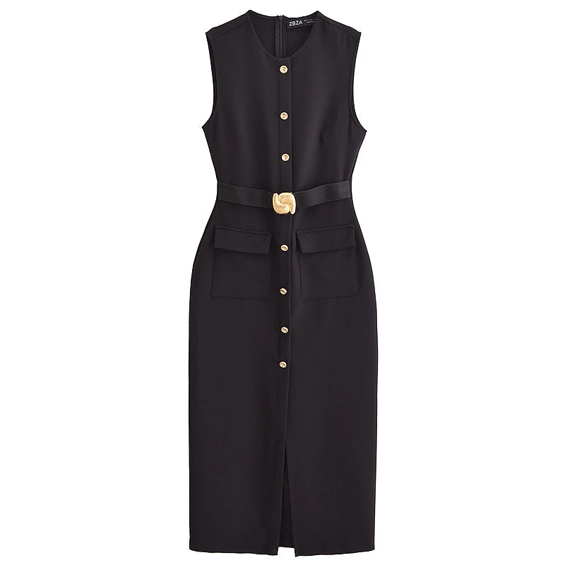 Elegant Black Button-Up Midi Dress – Summer 2025